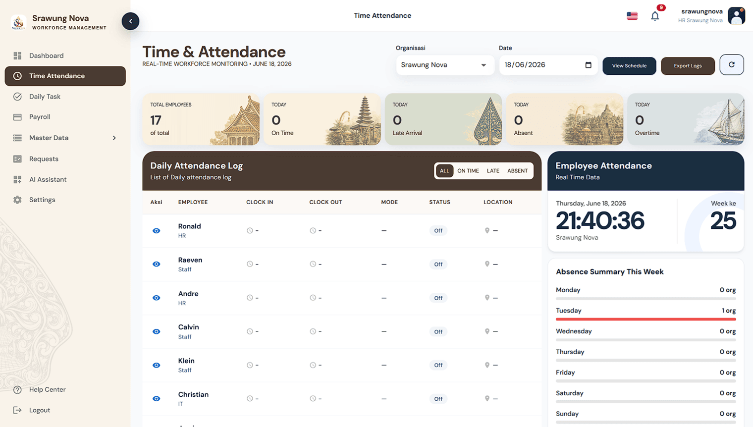 Screenshot attendance management Srawung Nova